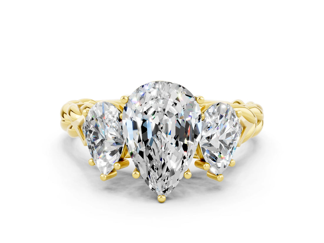 Yellow gold Three-Stone Pear Cut Moissanite Braided Band Ring with Four-Prong Setting_12