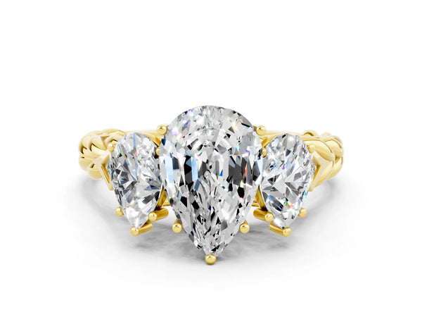 Yellow gold Three-Stone Pear Cut Moissanite Braided Band Ring with Four-Prong Setting