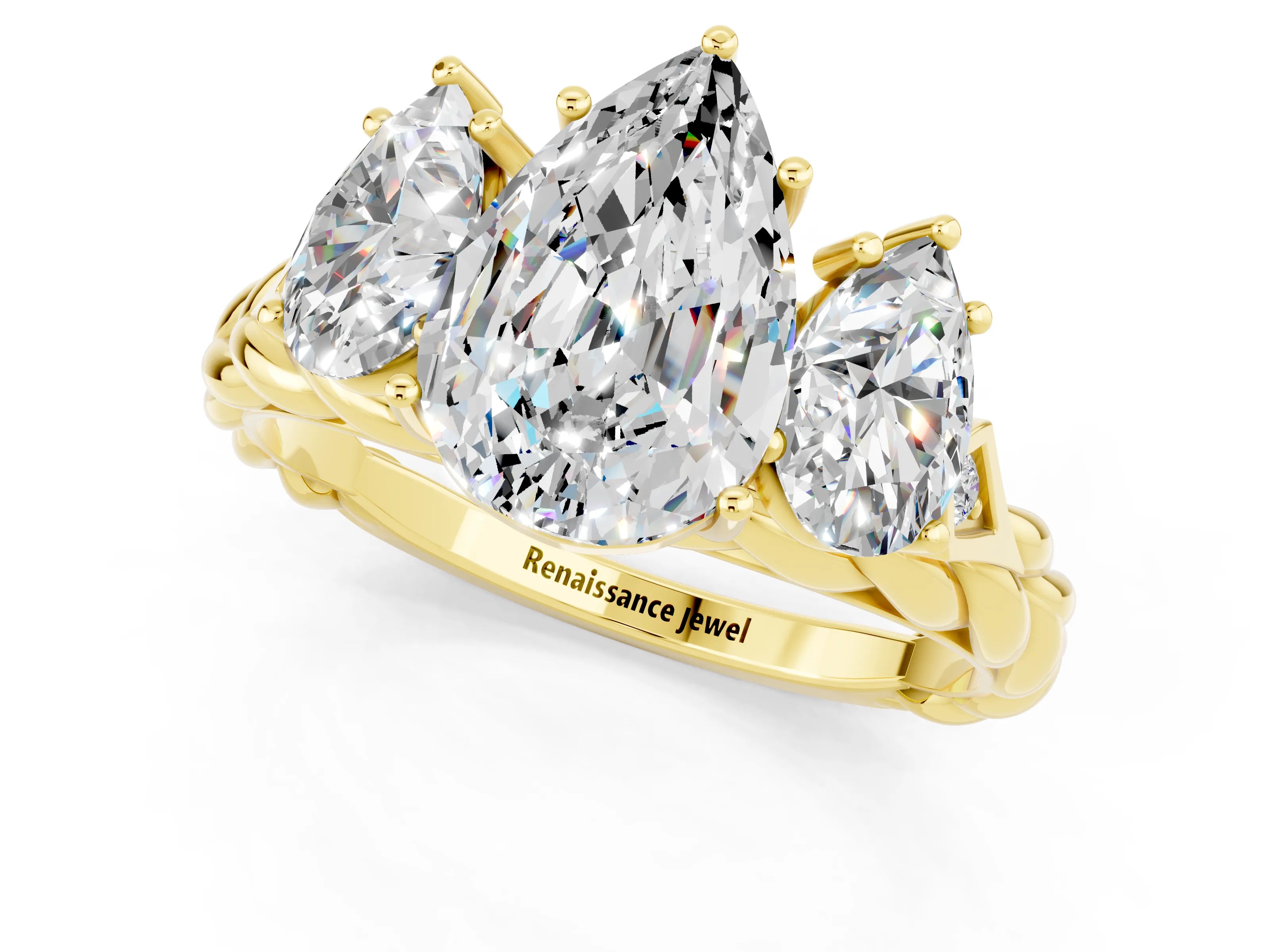Yellow gold Three-Stone Pear Cut Moissanite Braided Band Ring with Four-Prong Setting_13
