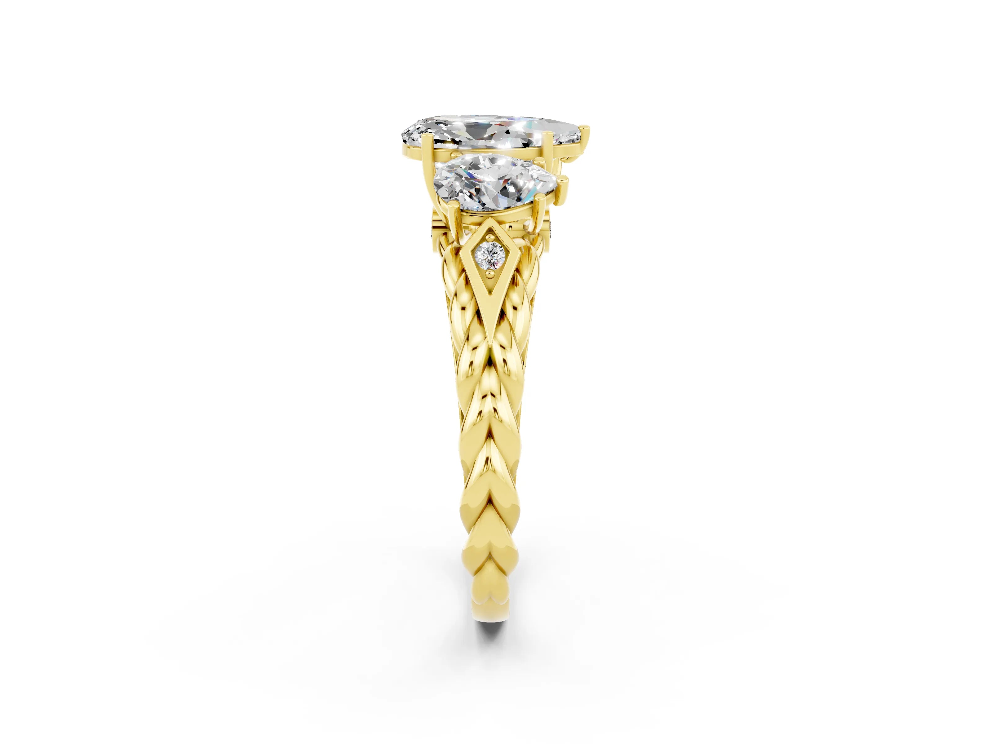Yellow gold Three-Stone Pear Cut Moissanite Braided Band Ring with Four-Prong Setting_14