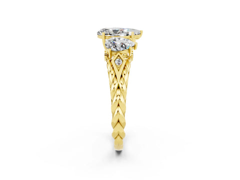 Yellow gold Three-Stone Pear Cut Moissanite Braided Band Ring with Four-Prong Setting_14