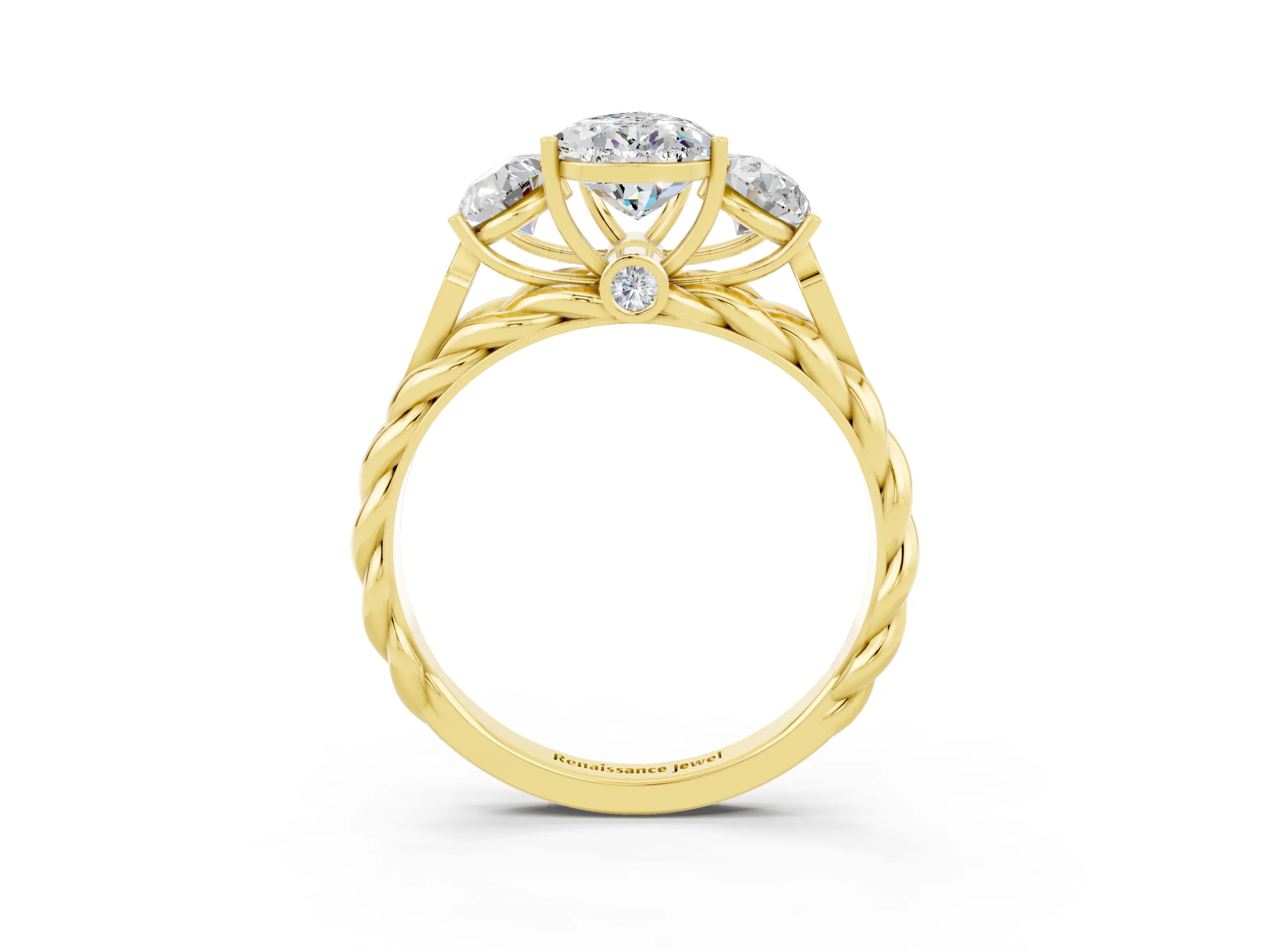 Yellow gold Three-Stone Pear Cut Moissanite Braided Band Ring with Four-Prong Setting_15