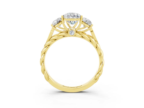 Yellow gold Three-Stone Pear Cut Moissanite Braided Band Ring with Four-Prong Setting
