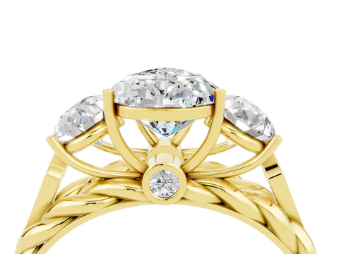 Yellow gold Three-Stone Pear Cut Moissanite Braided Band Ring with Four-Prong Setting_16
