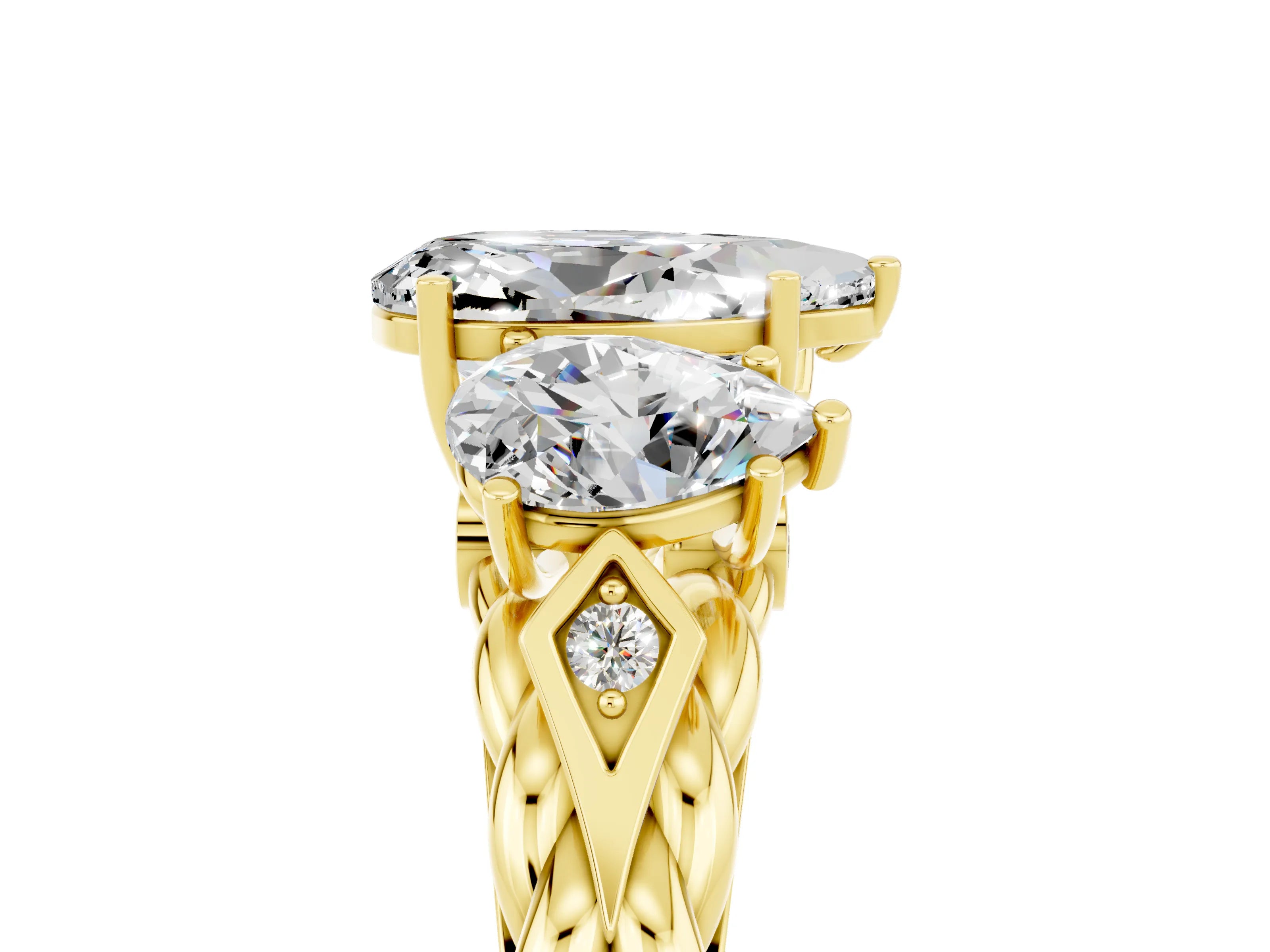 Yellow gold Three-Stone Pear Cut Moissanite Braided Band Ring with Four-Prong Setting_17