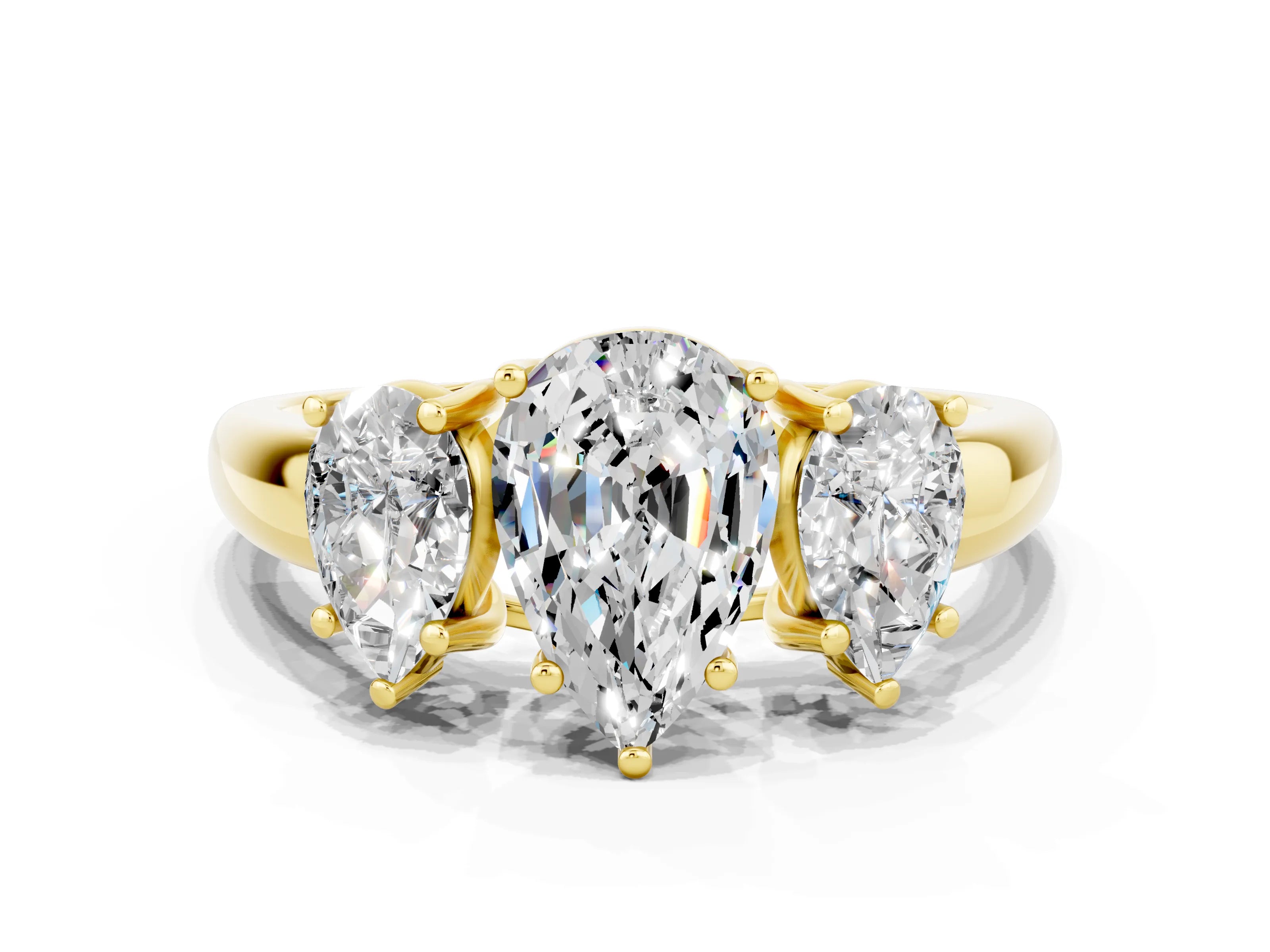 Yellow gold Three-Stone Pear Cut Moissanite Engagement Ring with Prong Setting