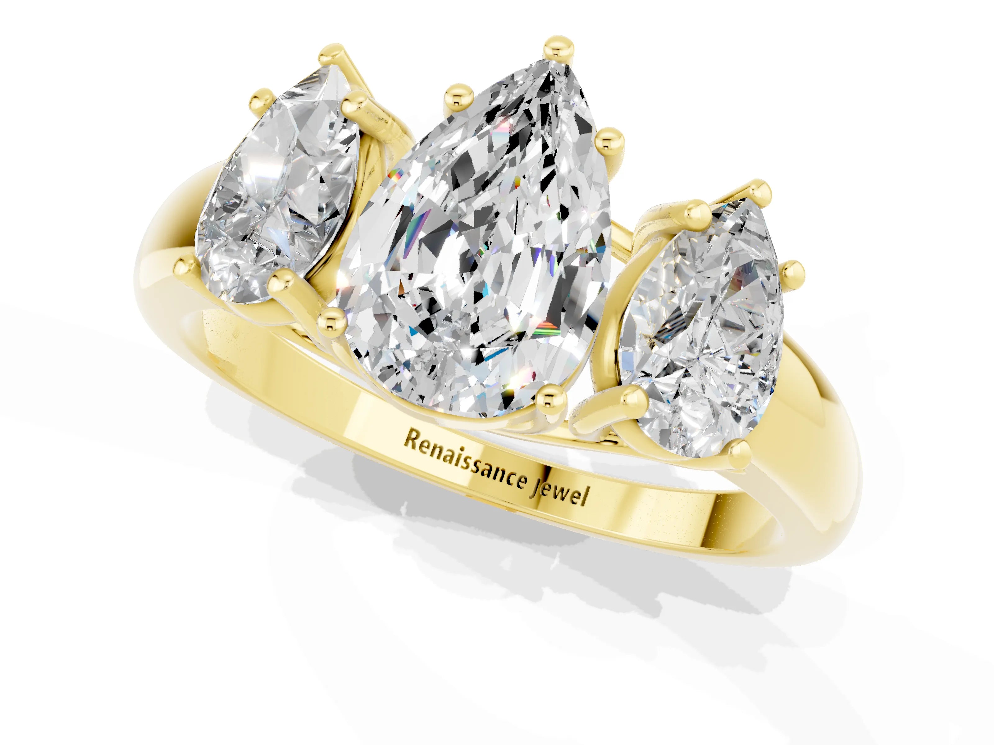 Yellow gold Three-Stone Pear Cut Moissanite Engagement Ring with Prong Setting_1