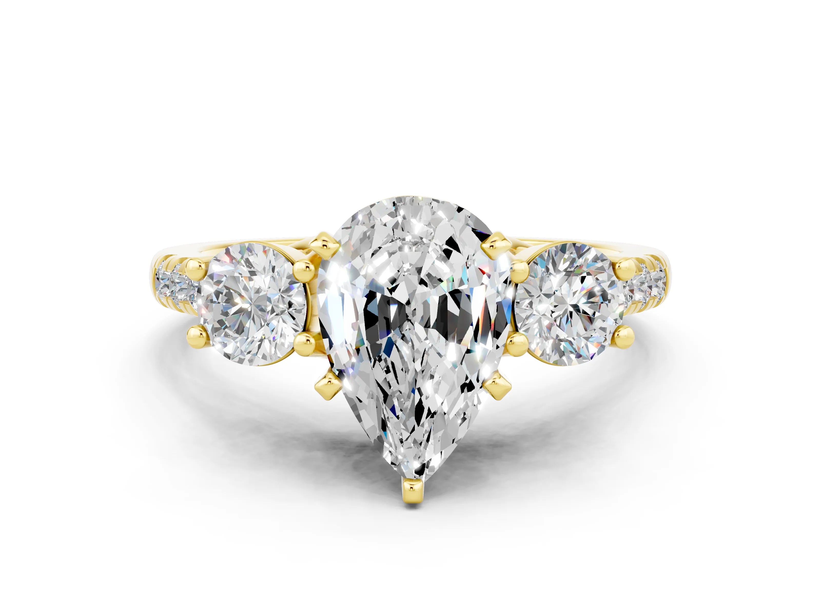 Yellow gold Three-Stone Pear Cut Moissanite Pavé Band with Four-Prong Setting