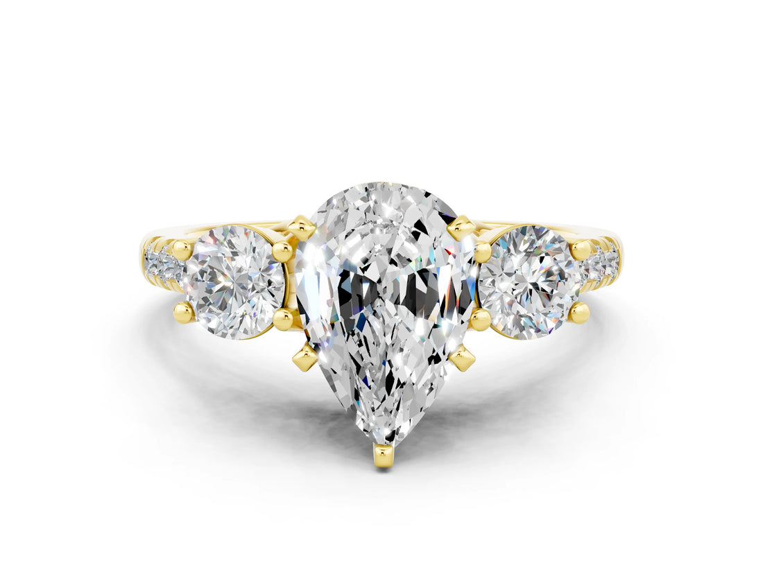Yellow gold Three-Stone Pear Cut Moissanite Pavé Band with Four-Prong Setting