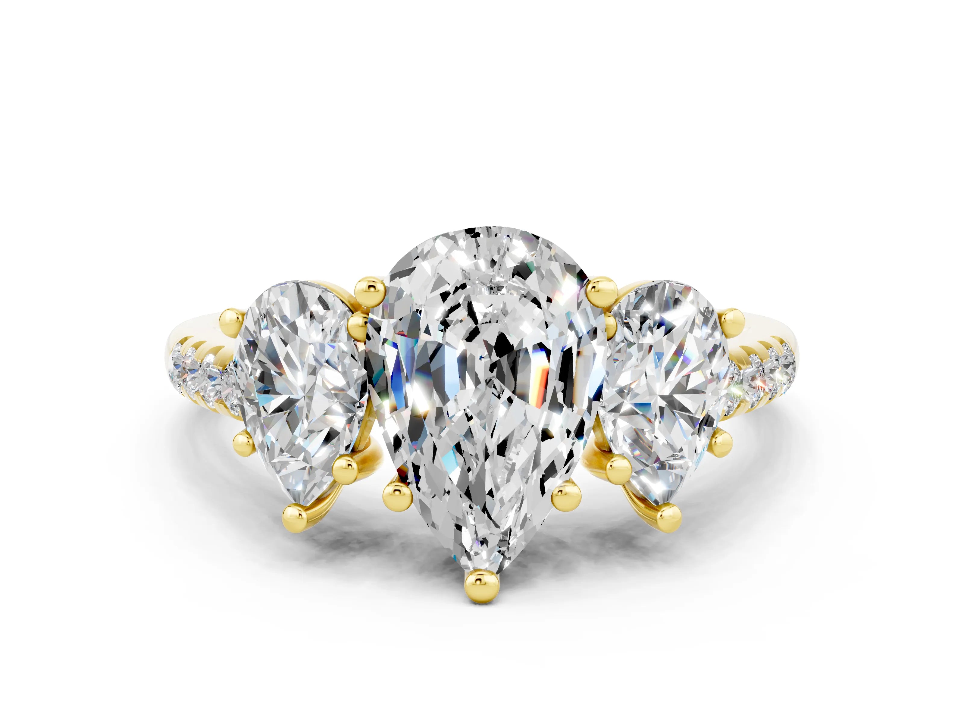 Yellow gold Three-Stone Pear Cut Moissanite Ring with Pavé Band and Prong Setting_12