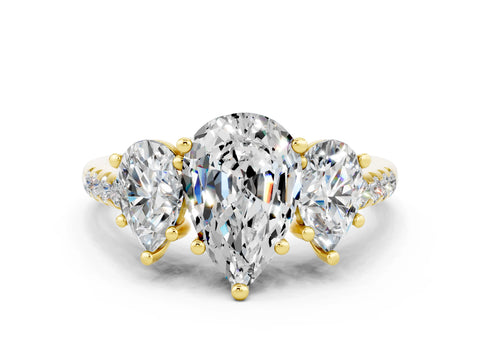 Yellow gold Three-Stone Pear Cut Moissanite Ring with Pavé Band and Prong Setting_12