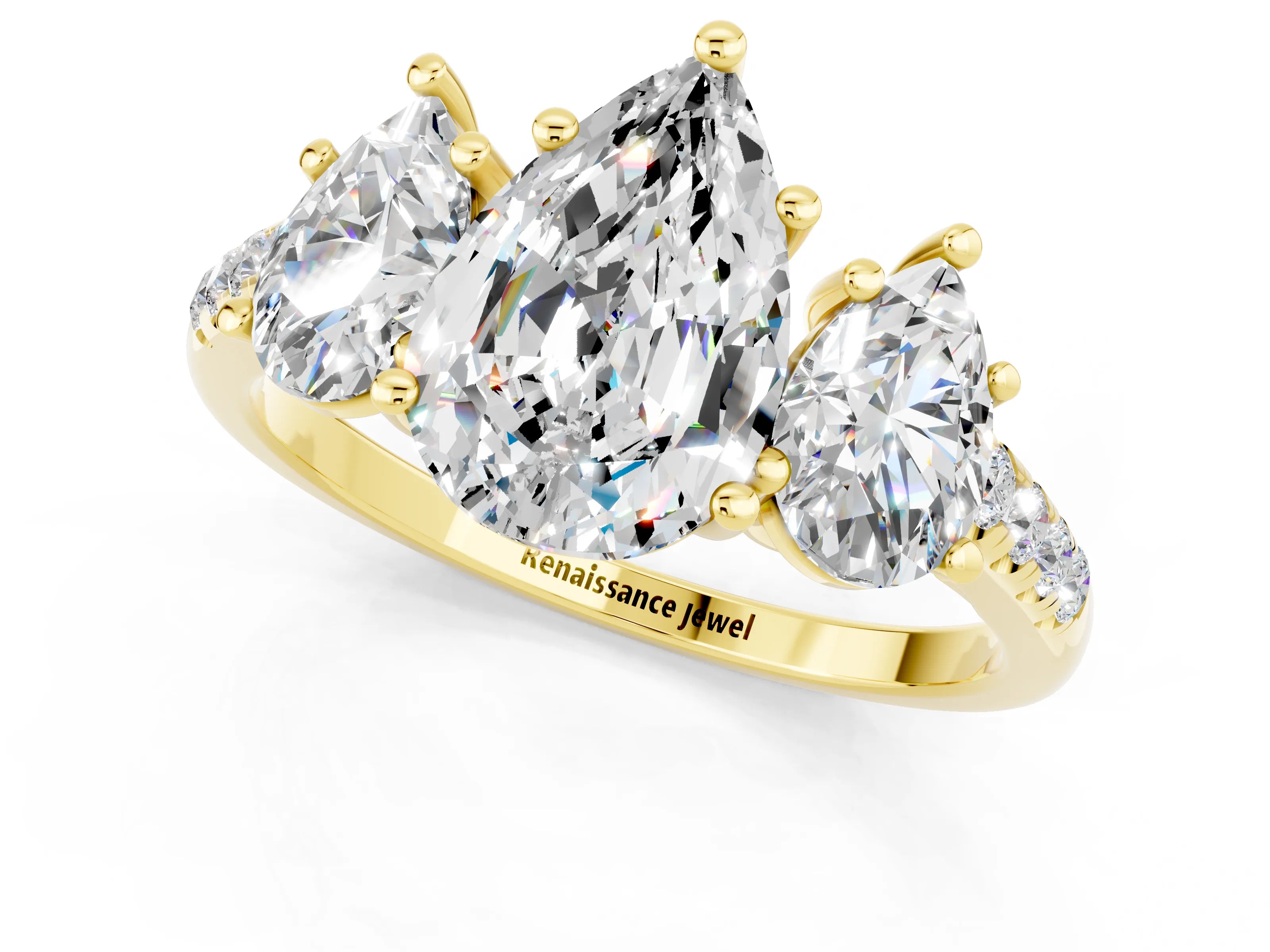 Yellow gold Three-Stone Pear Cut Moissanite Ring with Pavé Band and Prong Setting_13