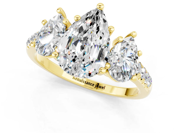 Yellow gold Three-Stone Pear Cut Moissanite Ring with Round  Pavé Band and Prong Setting