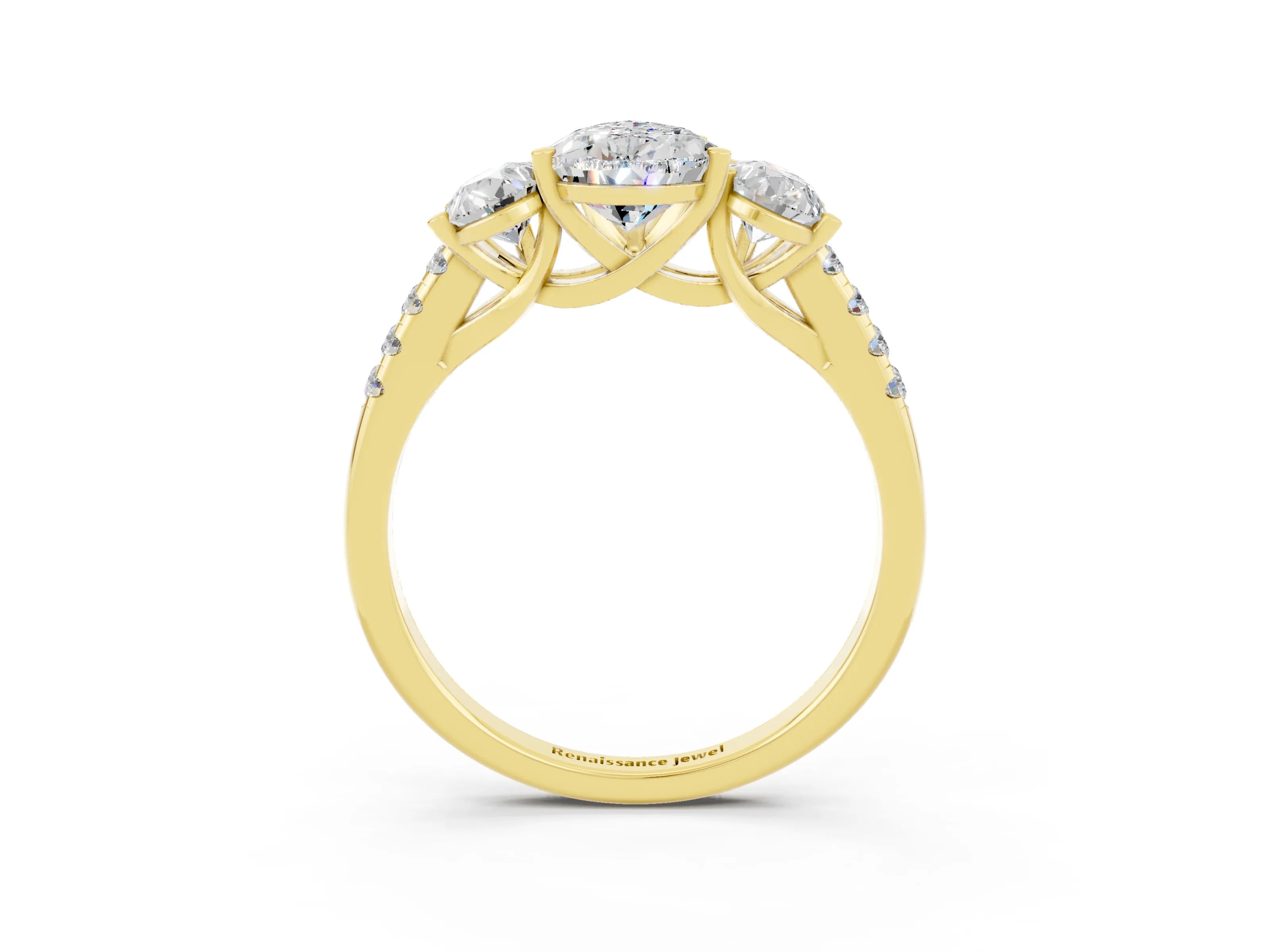 Yellow gold Three-Stone Pear Cut Moissanite Ring with Pavé Band and Prong Setting_15