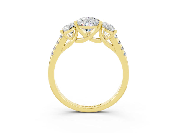Yellow gold Three-Stone Pear Cut Moissanite Ring with Round  Pavé Band and Prong Setting