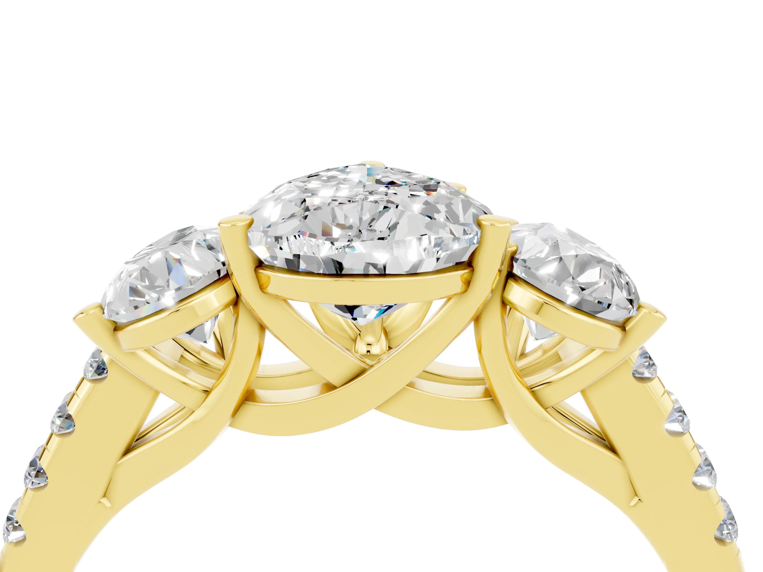 Yellow gold Three-Stone Pear Cut Moissanite Ring with Pavé Band and Prong Setting_16