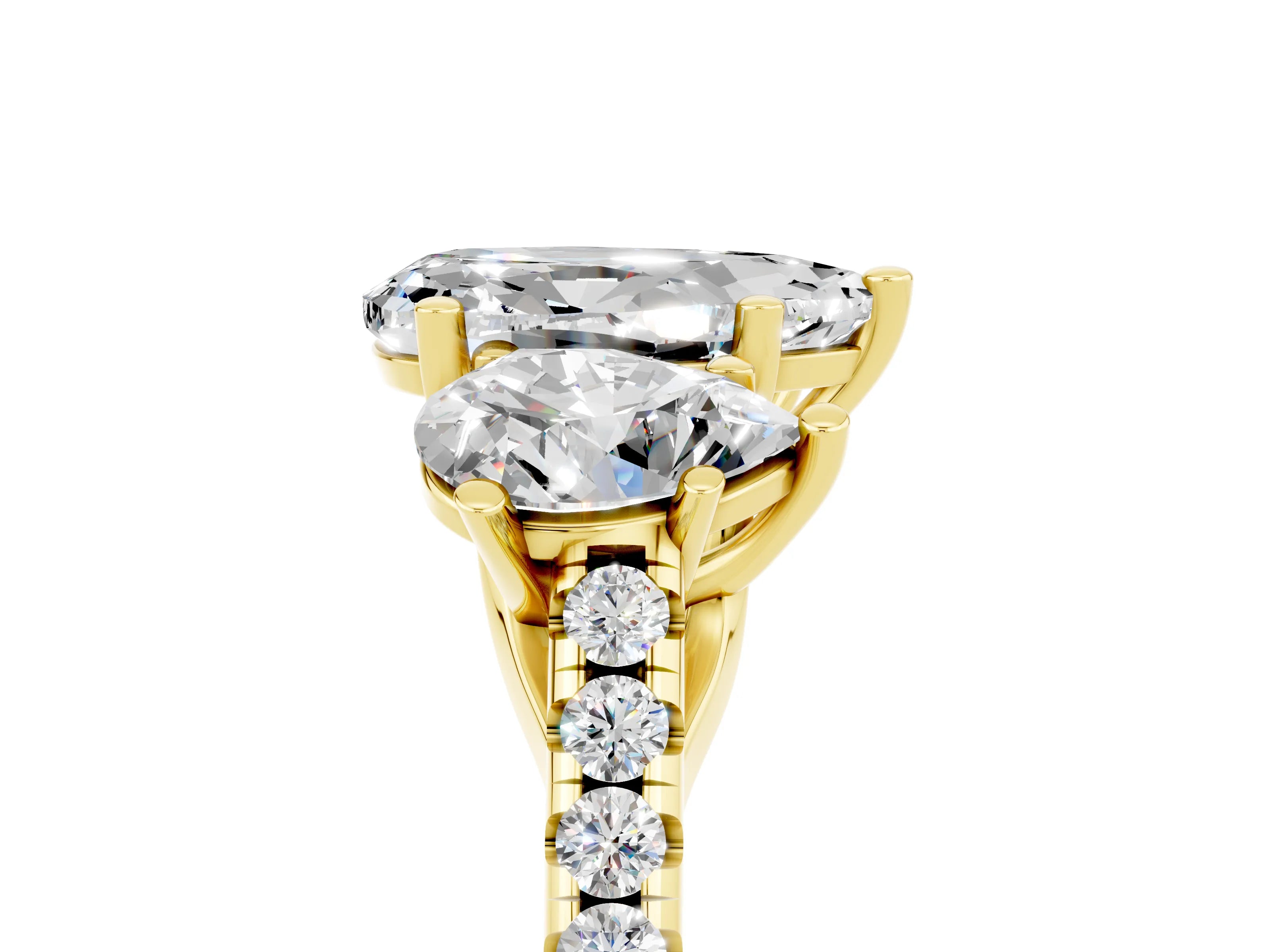 Yellow gold Three-Stone Pear Cut Moissanite Ring with Pavé Band and Prong Setting_17