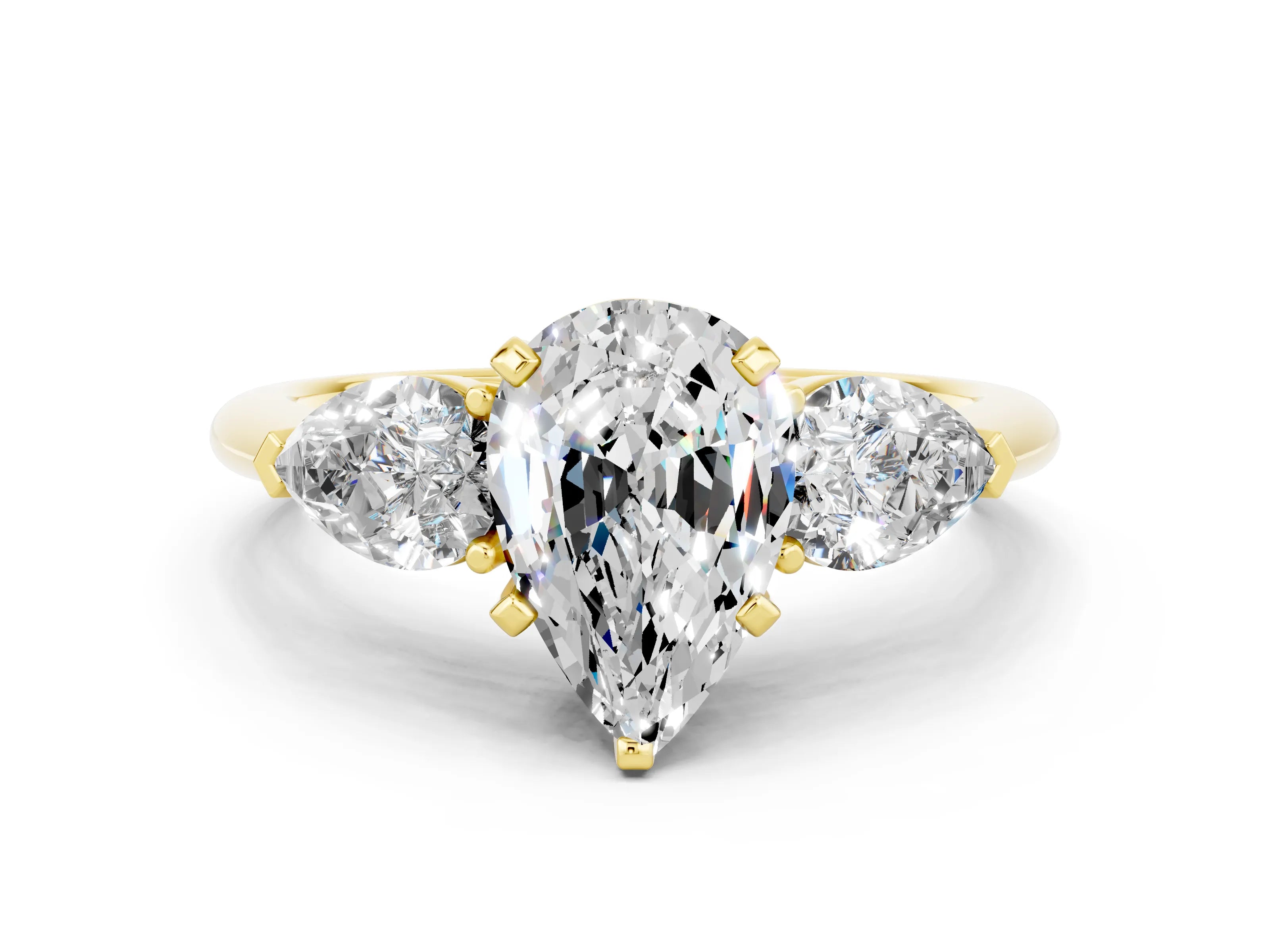 Yellow gold Three-Stone Pear Cut Moissanite Ring with Pear Side Stones and Four-Prong Setting