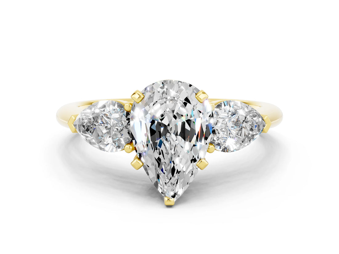 Yellow gold Three-Stone Pear Cut Moissanite Ring with Pear Side Stones and Four-Prong Setting