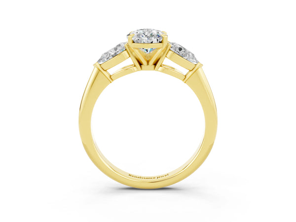 Yellow gold Three-Stone Pear Cut Moissanite Ring with Pear Side Stones and Four-Prong Setting