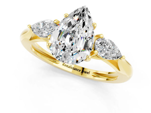 Yellow gold Three-Stone Pear Cut Moissanite Ring with Pear  Side Stones in Four-Prong Setting