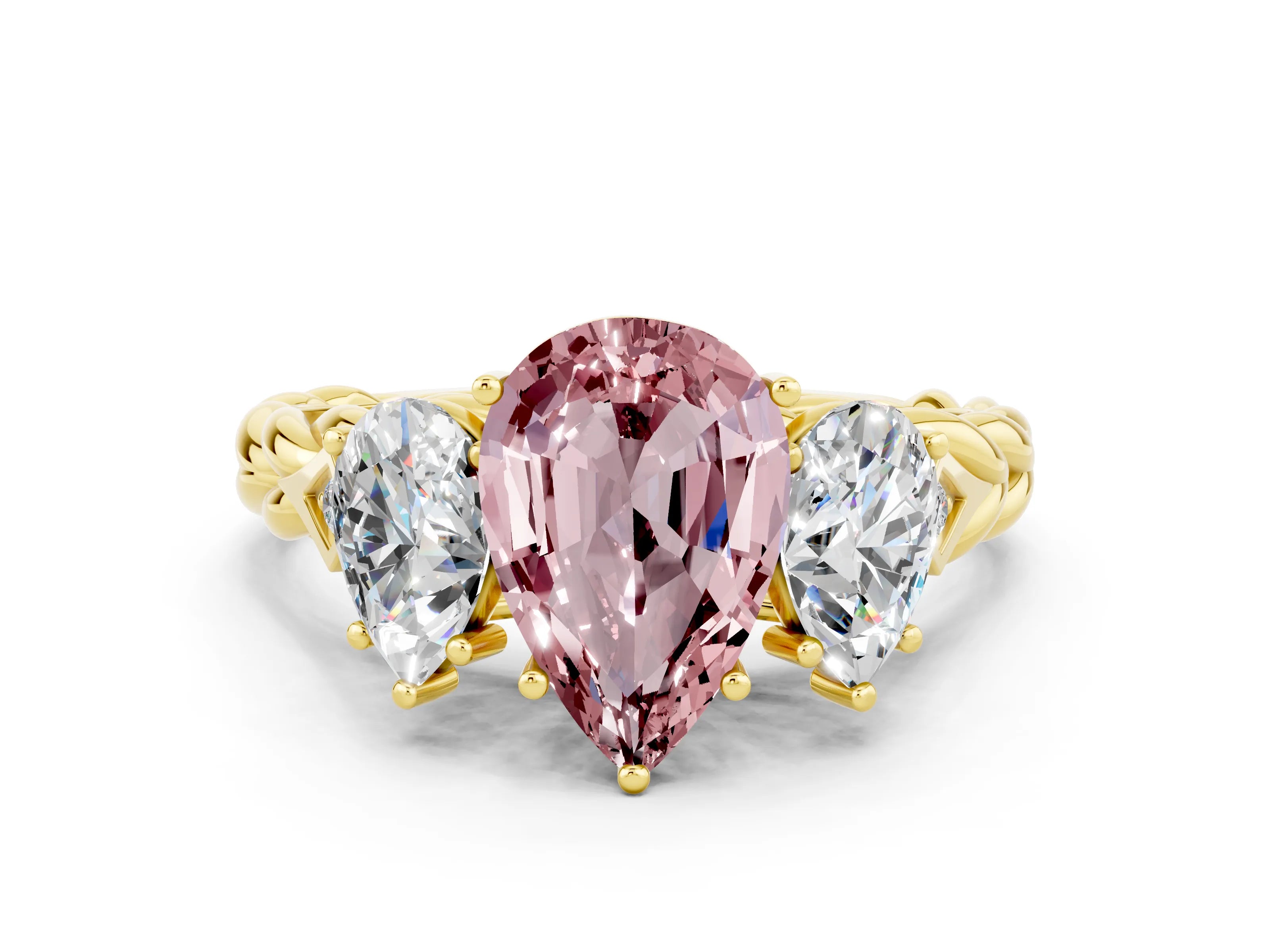 Yellow gold Three-Stone Pear Cut Morganite Braided Band Ring with Four-Prong Setting_12