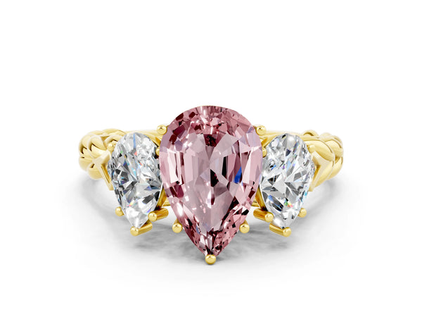 Yellow gold Three-Stone Pear Cut Morganite Braided Band Ring with Four-Prong Setting