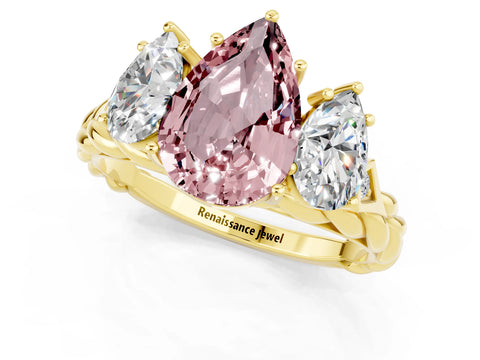 Yellow gold Three-Stone Pear Cut Morganite Braided Band Ring with Four-Prong Setting_13