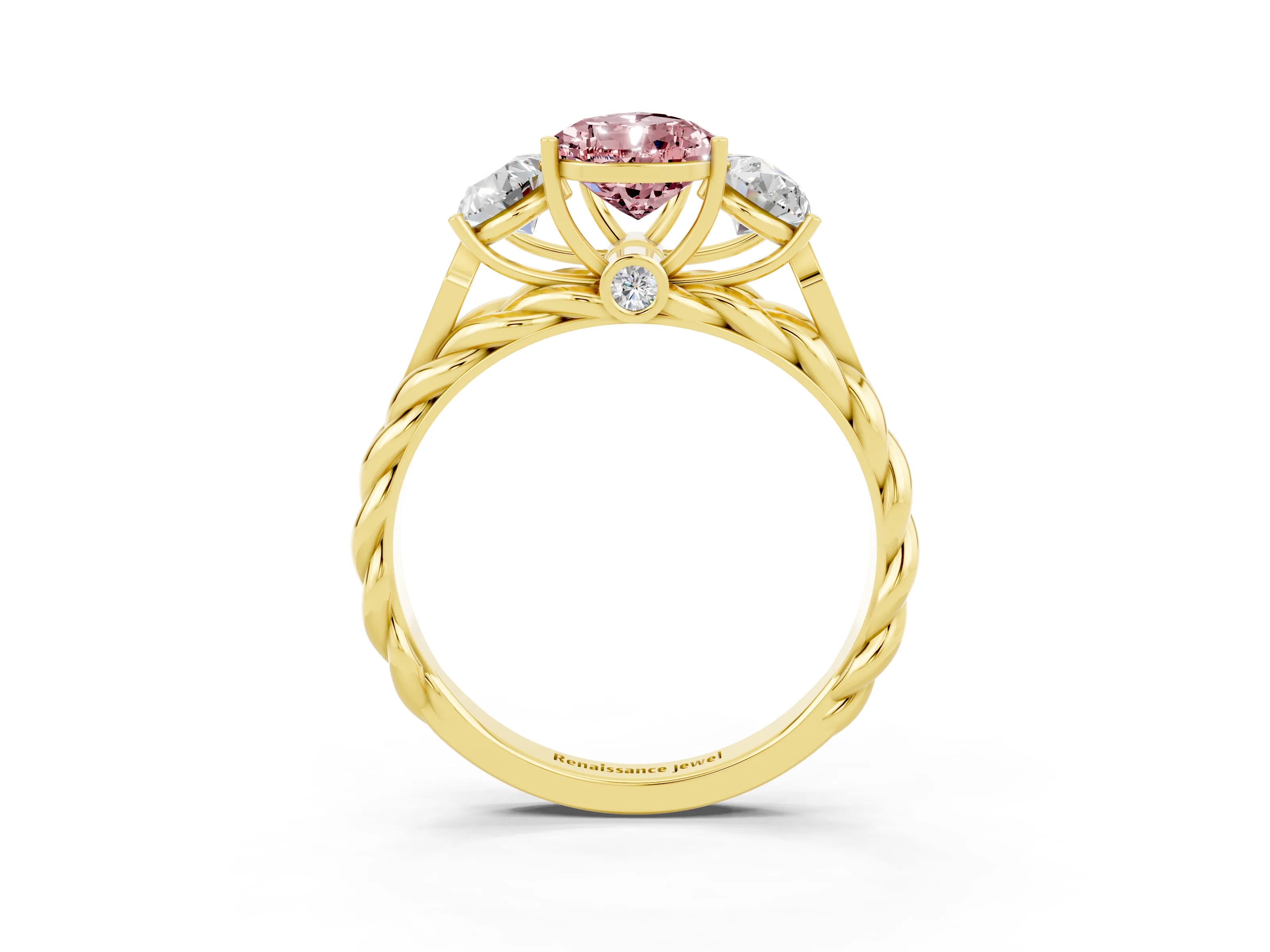 Yellow gold Three-Stone Pear Cut Morganite Braided Band Ring with Four-Prong Setting_15