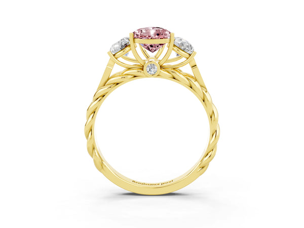 Yellow gold Three-Stone Pear Cut Morganite Braided Band Ring with Four-Prong Setting