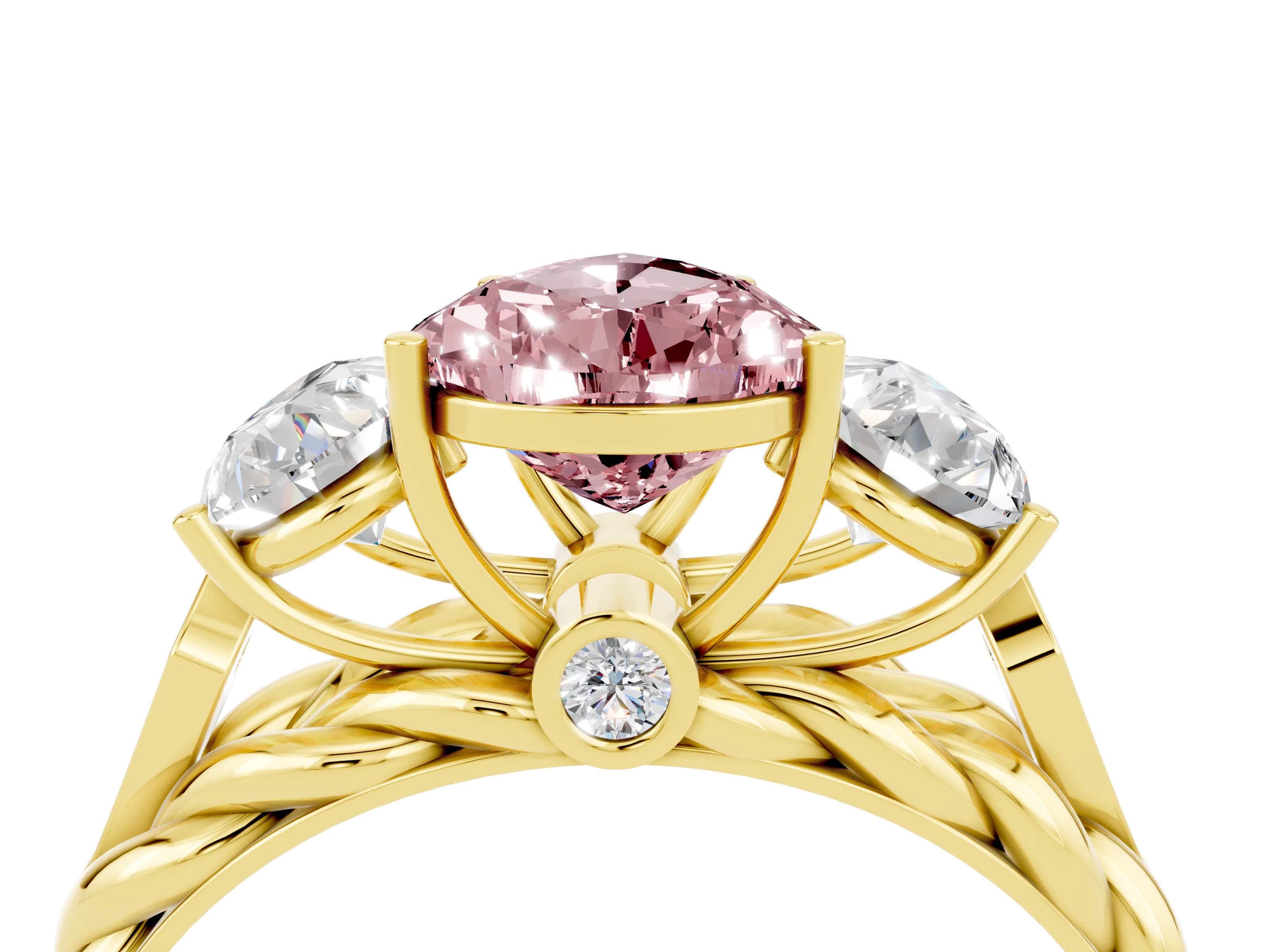 Yellow gold Three-Stone Pear Cut Morganite Braided Band Ring with Four-Prong Setting_16