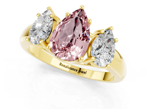 Yellow gold Three-Stone Pear Cut Morganite Engagement Ring with Prong Setting_1