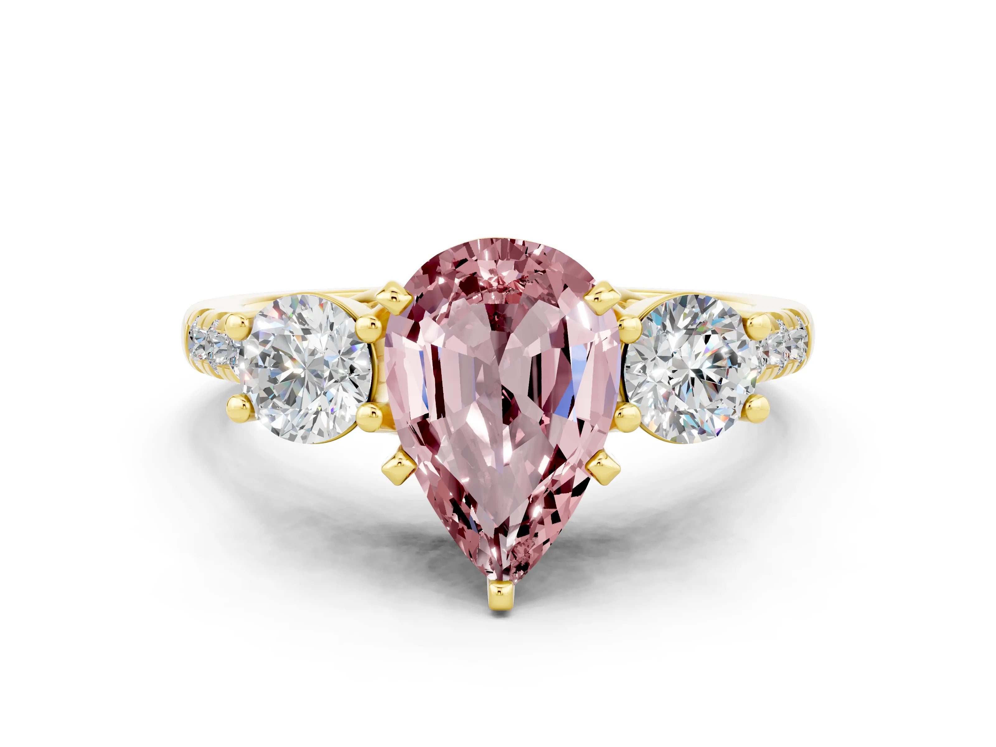 Yellow gold Three-Stone Pear Cut Morganite Pavé Band with Four-Prong Setting