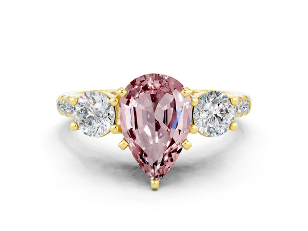Yellow gold Three-Stone Pear Cut Morganite Pavé Band with Four-Prong Setting