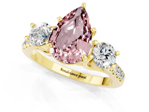 Yellow gold Three-Stone Pear Cut Morganite Pavé Band with Four-Prong Setting_1