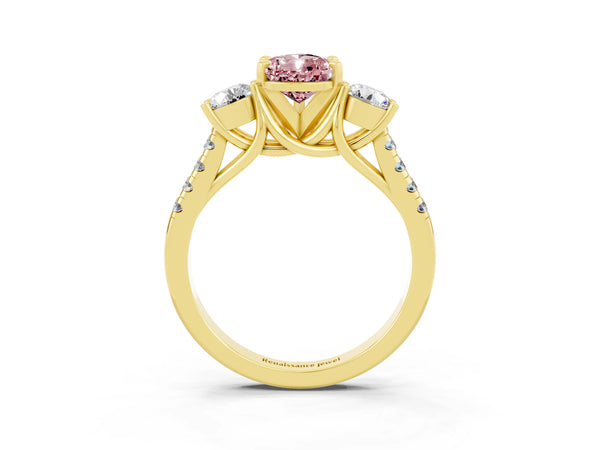 Yellow gold Three-Stone Pear Cut Morganite Pavé Band with Four-Prong Setting