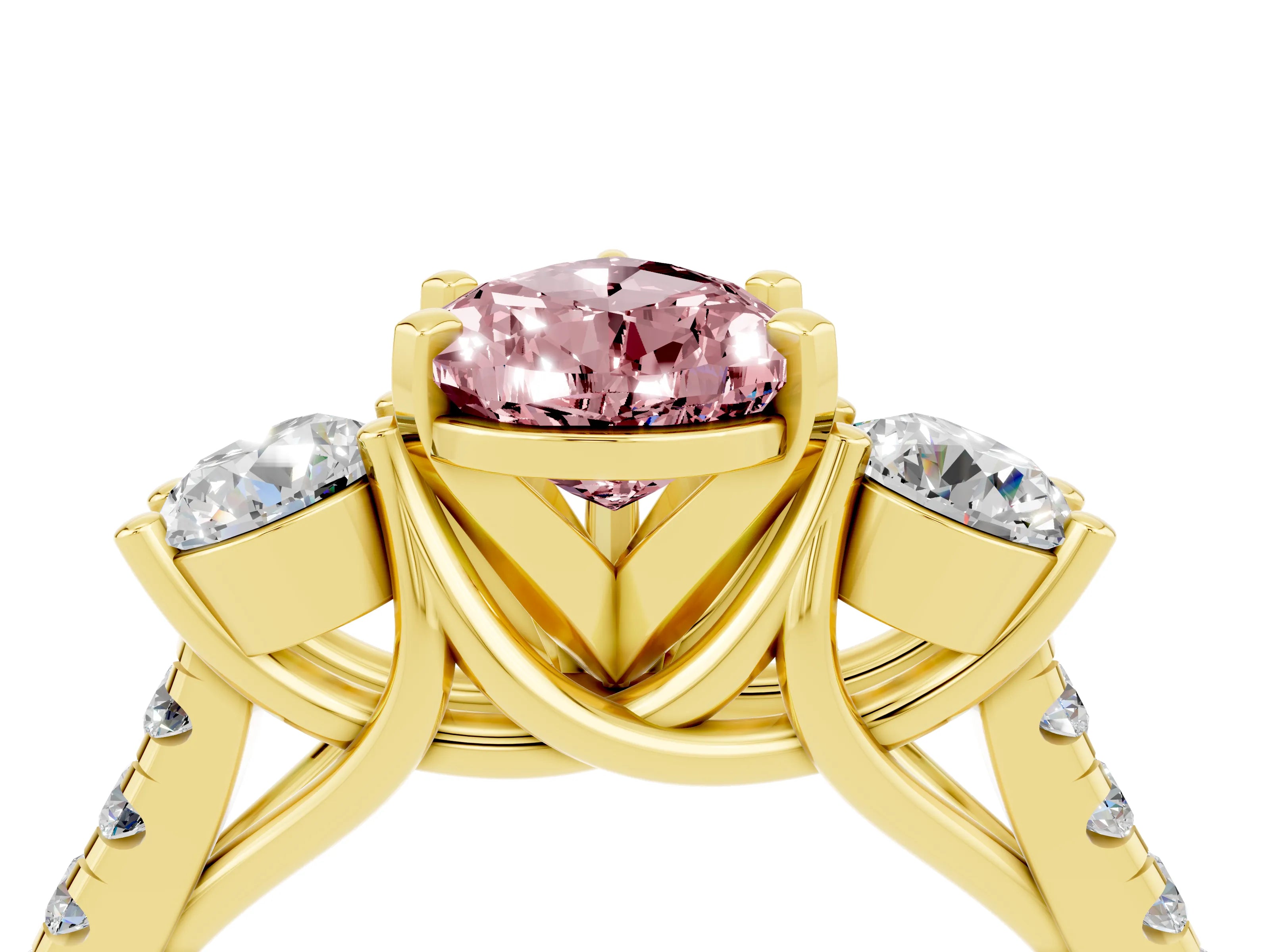 Yellow gold Three-Stone Pear Cut Morganite Pavé Band with Four-Prong Setting_4