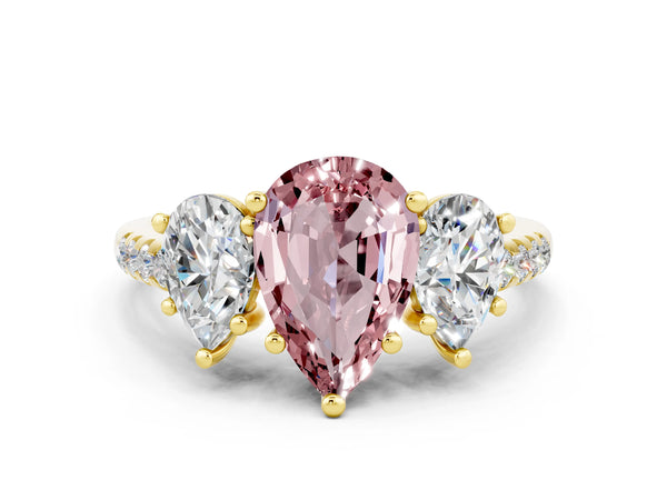 Yellow gold Three-Stone Pear Cut Morganite Ring with Round  Pavé Band and Prong Setting