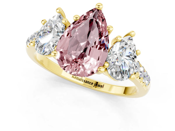 Yellow gold Three-Stone Pear Cut Morganite Ring with Round  Pavé Band and Prong Setting
