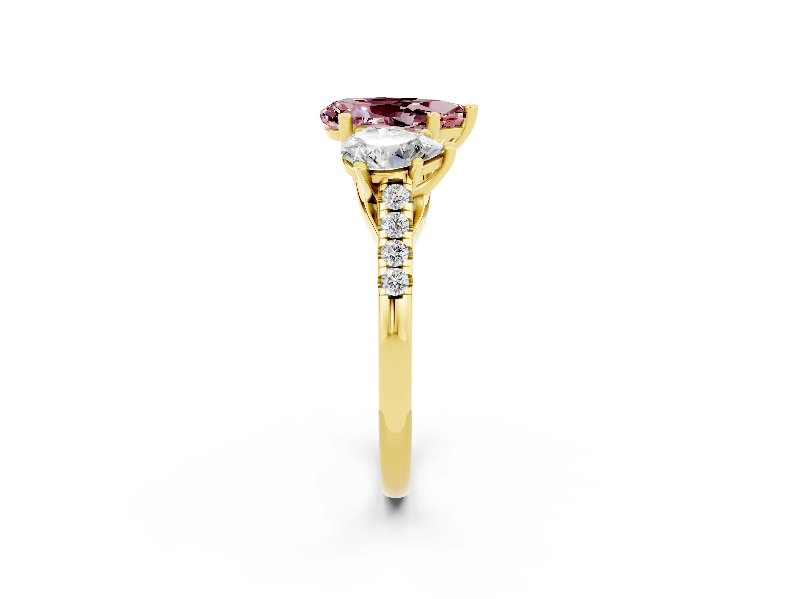 Yellow gold Three-Stone Pear Cut Morganite Ring with Pavé Band and Prong Setting_14