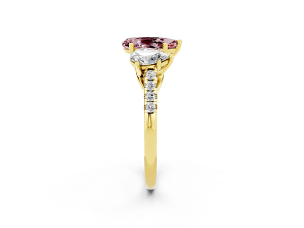 Yellow gold Three-Stone Pear Cut Morganite Ring with Round  Pavé Band and Prong Setting