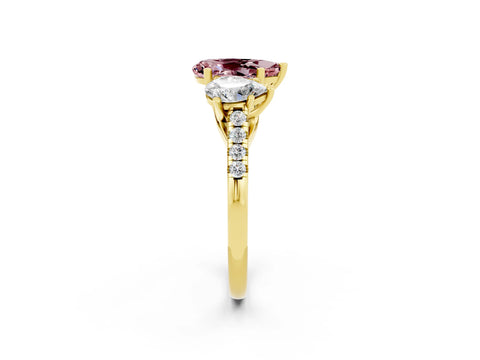 Yellow gold Three-Stone Pear Cut Morganite Ring with Pavé Band and Prong Setting_14