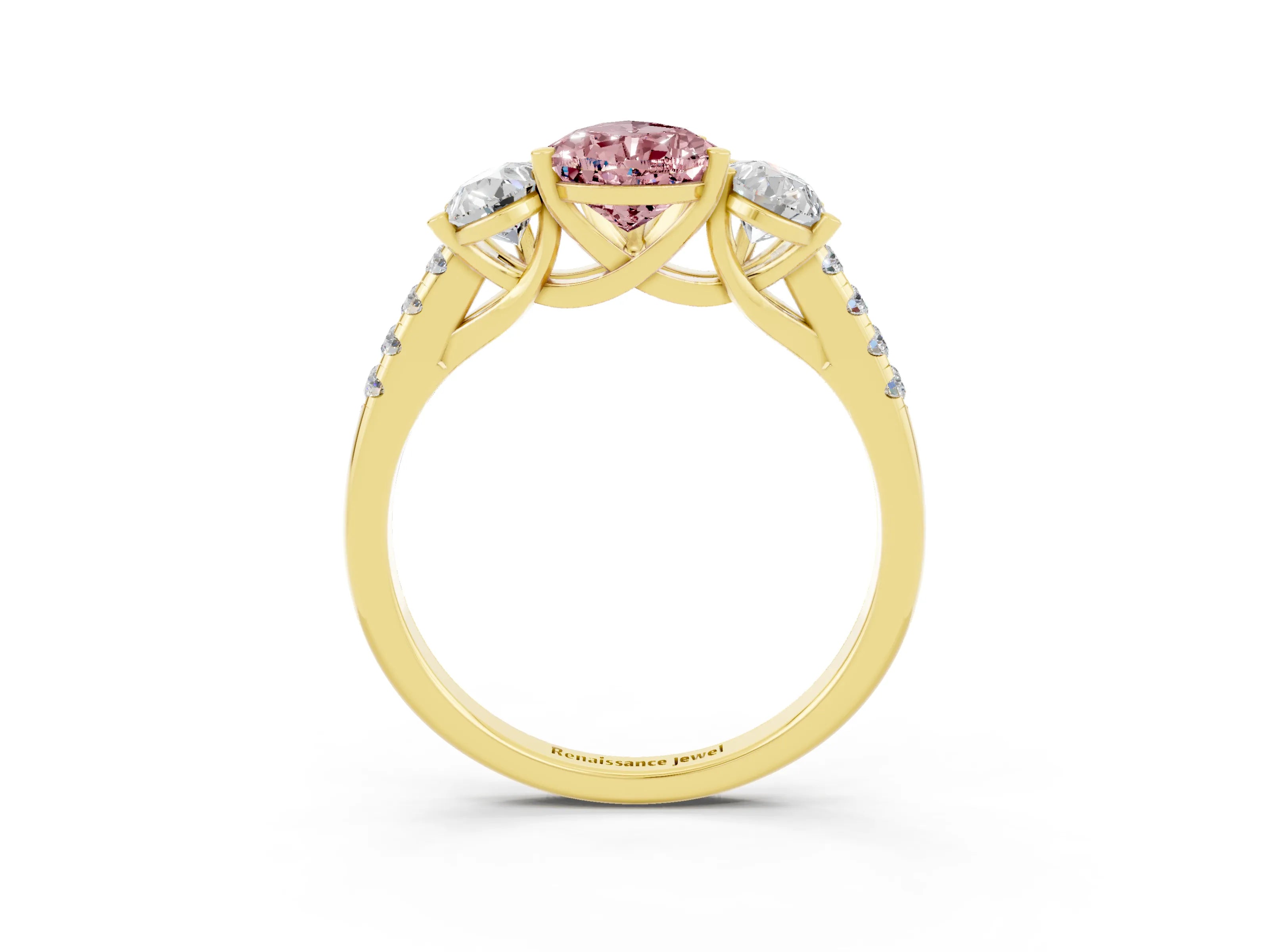 Yellow gold Three-Stone Pear Cut Morganite Ring with Pavé Band and Prong Setting_15