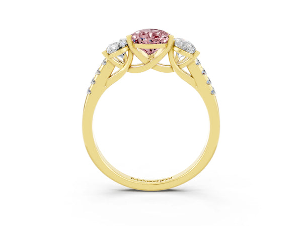 Yellow gold Three-Stone Pear Cut Morganite Ring with Round  Pavé Band and Prong Setting