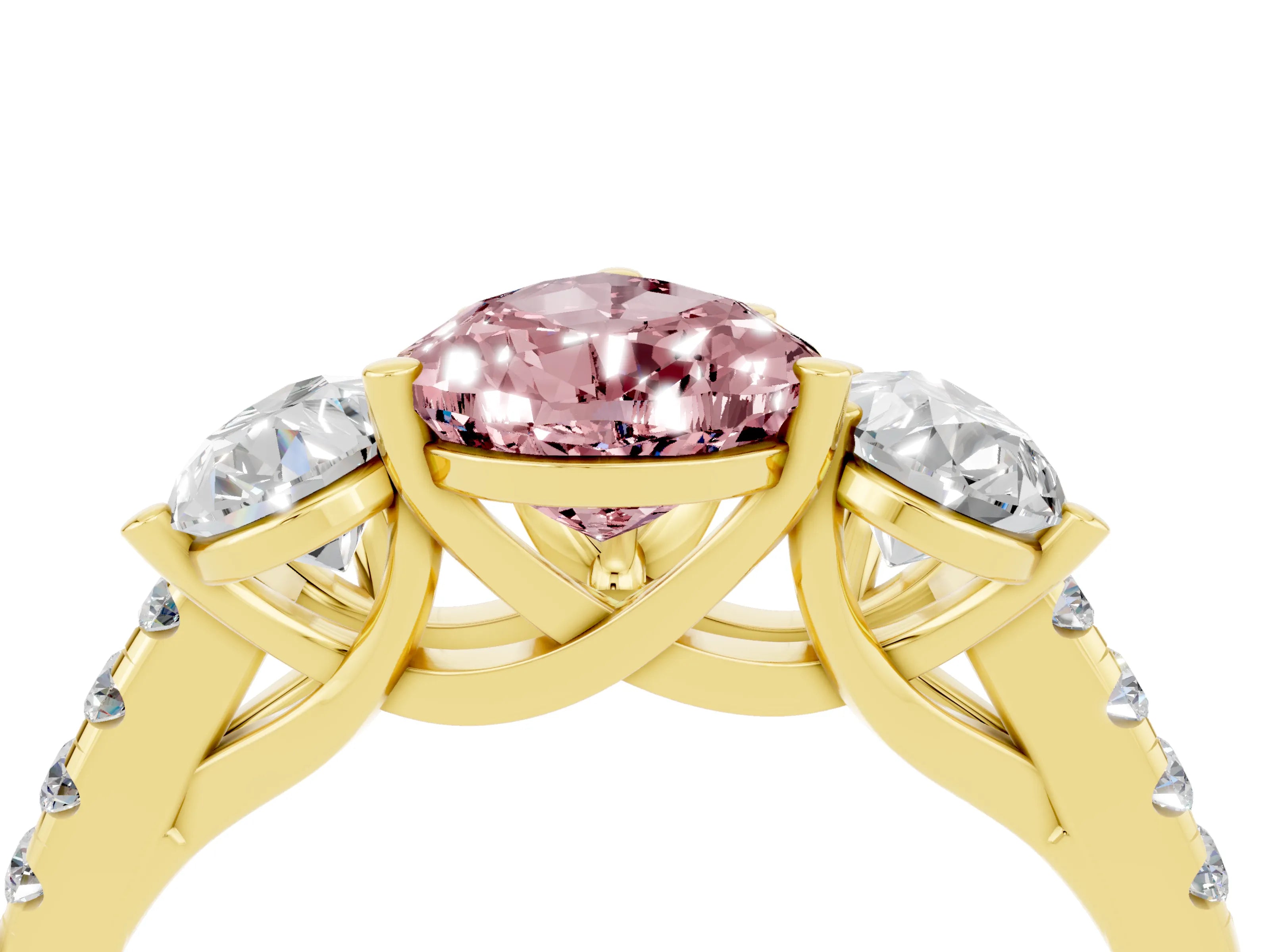 Yellow gold Three-Stone Pear Cut Morganite Ring with Pavé Band and Prong Setting_16