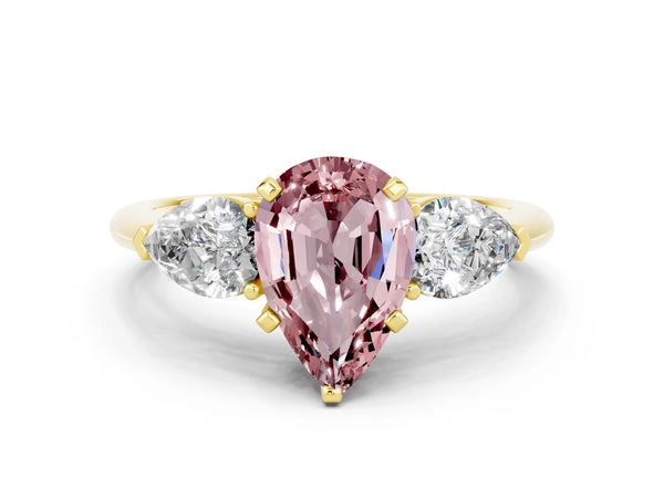 Yellow gold Three-Stone Pear Cut Morganite Ring with Pear Side Stones and Four-Prong Setting