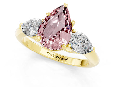 Yellow gold Three-Stone Pear Cut Morganite Ring with Pear Side Stones and Four-Prong Setting_1