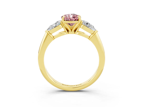 Yellow gold Three-Stone Pear Cut Morganite Ring with Pear Side Stones and Four-Prong Setting