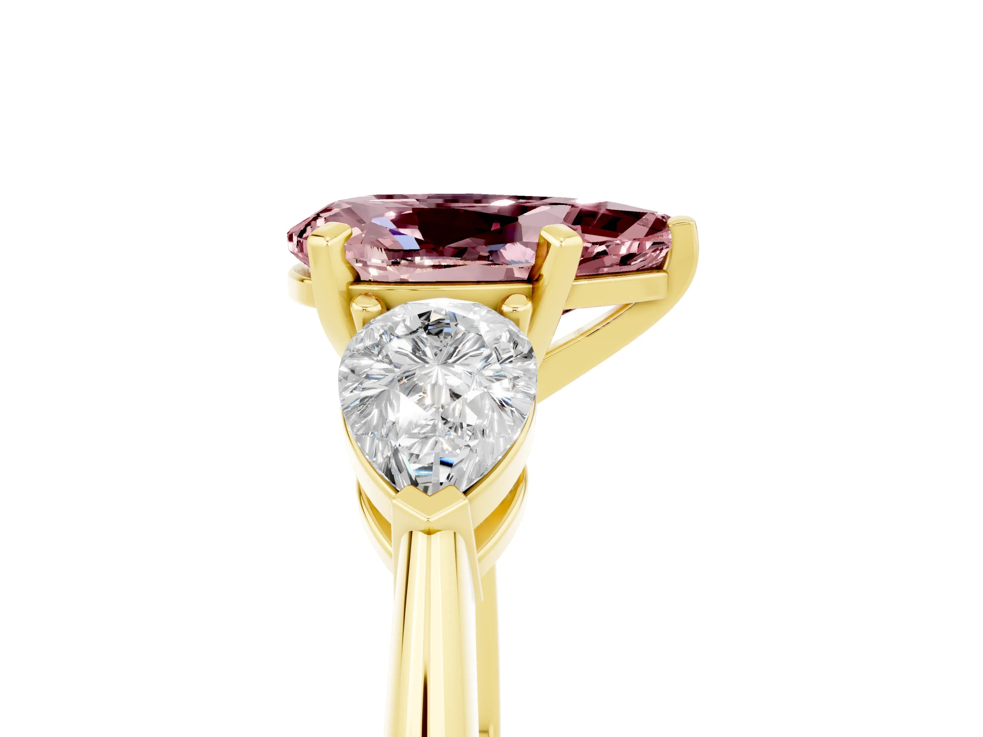 Yellow gold Three-Stone Pear Cut Morganite Ring with Pear Side Stones and Four-Prong Setting_5