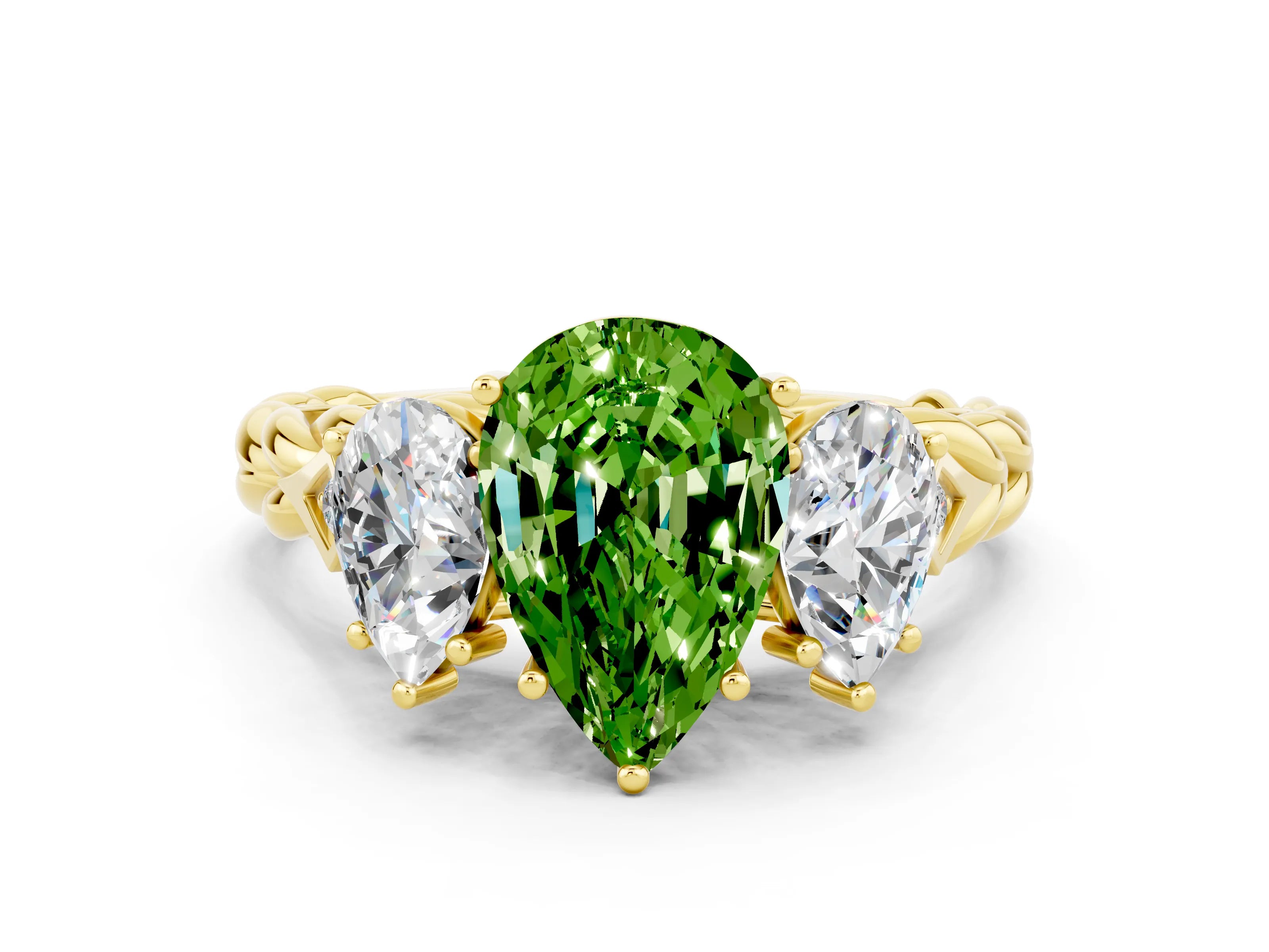 Yellow gold Three-Stone Pear Cut Peridot Braided Band Ring with Four-Prong Setting_12